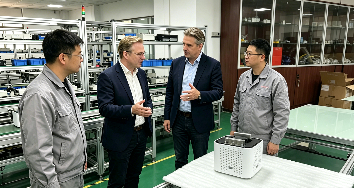 Manufacturing team reviewing equipment during production